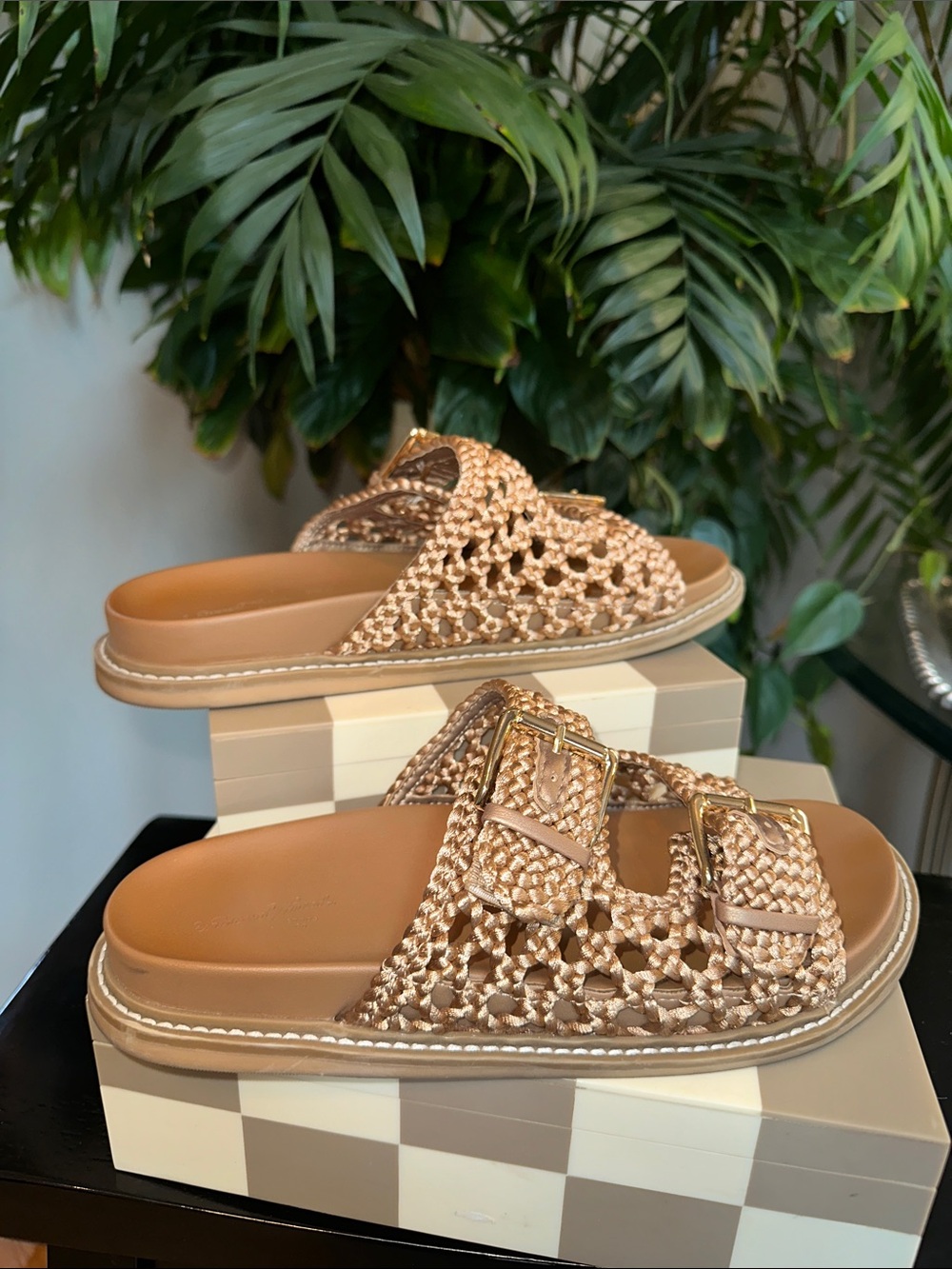Universal Thread Woven Braided Gold  Double-Buckle Slide Sandals size 8.5